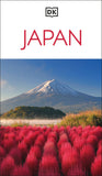 DK Japan travel guide cover featuring a white top section with the red title 'JAPAN' and the DK logo, and a scenic landscape photo below showing Mount Fuji above a field of bright pink flowers.