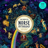 Jigsaw puzzle box for 'The World of Norse Mythology' with illustrations of Norse gods and a rainbow.