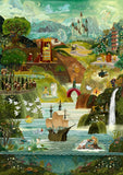 Colorful illustration of a fantasy landscape with castles, boats, and people.