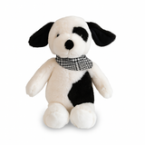 Stuffed dog toy with black and white pattern and a checkered collar on a white background