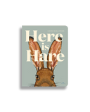 Cover of the board book 'Here is Hare' by Laura Shallcrass, featuring an illustration of a hare.