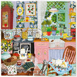 Colorful illustration of a vintage kitchen with various objects and a cat.