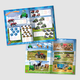 Educational children's posters with farm-themed activities on a white background