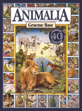 Front cover of the 'Animalia: Grizzly Base' 40th anniversary edition, featuring a central illustration of a grizzly bear in a forest with a border collage of various animal illustrations.