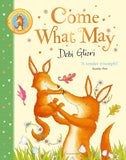 Book cover of 'Come What May' by Debi Gliori with two foxes holding hands on a green background.