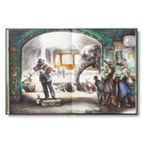 An open children's book spread showing a whimsical illustrated scene with an elephant, people, animals, and a decorative archway. The artwork is centered on a plain white background.