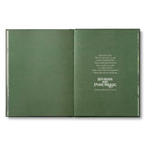 An open book or booklet shown flat against a white background, with both pages in dark olive green. The right page contains small white text and the title 'Stories Are Pure Magic.