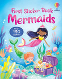 Book cover of 'First Sticker Book Mermaids' with mermaids and ocean elements on a blue background.