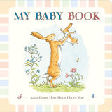 Book cover of 'My Baby Book' with illustrations of a hare and baby hare on a pastel striped background.