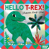 Book cover of 'Hello T-Rex!' with a green dinosaur illustration on a colorful geometric patterned background.