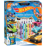 Hot Wheels colouring and activity kit packaging with cars and stationery items.