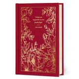 Red book with gold floral design and Jane Austen quote on a white background