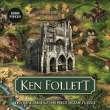 Ken Follett The Kingsbridge 1000 piece jigsaw puzzle packaging with cathedral and village illustration.
