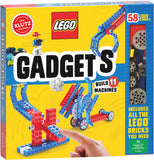 A box of Klutz LEGO Gadgets activity kit, featuring images of LEGO bricks and illustrated examples of the machines to be built.