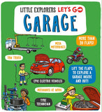 Book cover of 'Little Explorers Let's Go Garage' with illustrations of vehicles and workers.