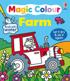 Children's book cover of 'Magic Colour Farm' with a tractor illustration on a blue background.