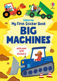 Book cover of 'My First Sticker Book: Big Machines' with colorful illustrations of construction vehicles on a yellow background.
