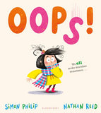 Book cover of 'Oops!' with a character in a yellow coat and plaid scarf.