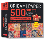 Packaging for Tuttle Origami Paper containing 500 sheets of 6-inch square papers with various Kimono flower patterns.