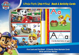 PAW Patrol Little First Look & Find Book & Activity Cards set, featuring a double-sided alphabet card book with character illustrations and a blue-and-white marker on a blue promotional background.