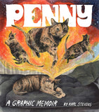 Cover of 'Penny: A Graphic Memoir' featuring illustrations of a cat with a colorful, dramatic backdrop.