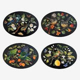 Four oval decorative plates with intricate floral and bird illustrations on a black background, arranged in a 2x2 grid on a light gray background.
