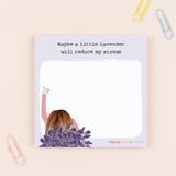 Card with illustration of a person holding lavender and text 'Maybe a little lavender will reduce my stresses' on a light background.