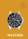 Rolex watch on a mustard yellow background with 'Small Luxuries' branding.