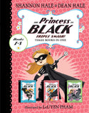 Book cover of 'The Princess in Black Triple Smash!' by Shannon Hale and Dean Hale, featuring a character in a black cape and mask on a pink floral background.