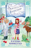 Book cover of 'The Travelling Bookshop' with two characters and a moose in a garden setting.