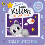 Book cover of 'There's a Little Kitten in Your Book' by Tom Fletcher with a purple background and cat illustration.