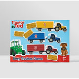 Box of Tractor Ted Busy Tractors Game with colorful tractors and a dog on a blue background.