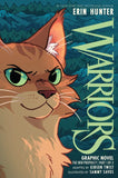 Book cover of 'Warriors' graphic novel with a cat's face and mountain background